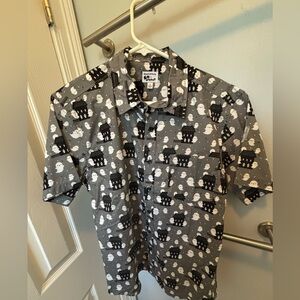 Em and Sprout black, gray and white button-up spooky shirt